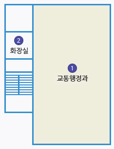 제2별관 2층 배치도 : 1 전산교육장 맞은 편 계단 옆 4 화장실 있음.